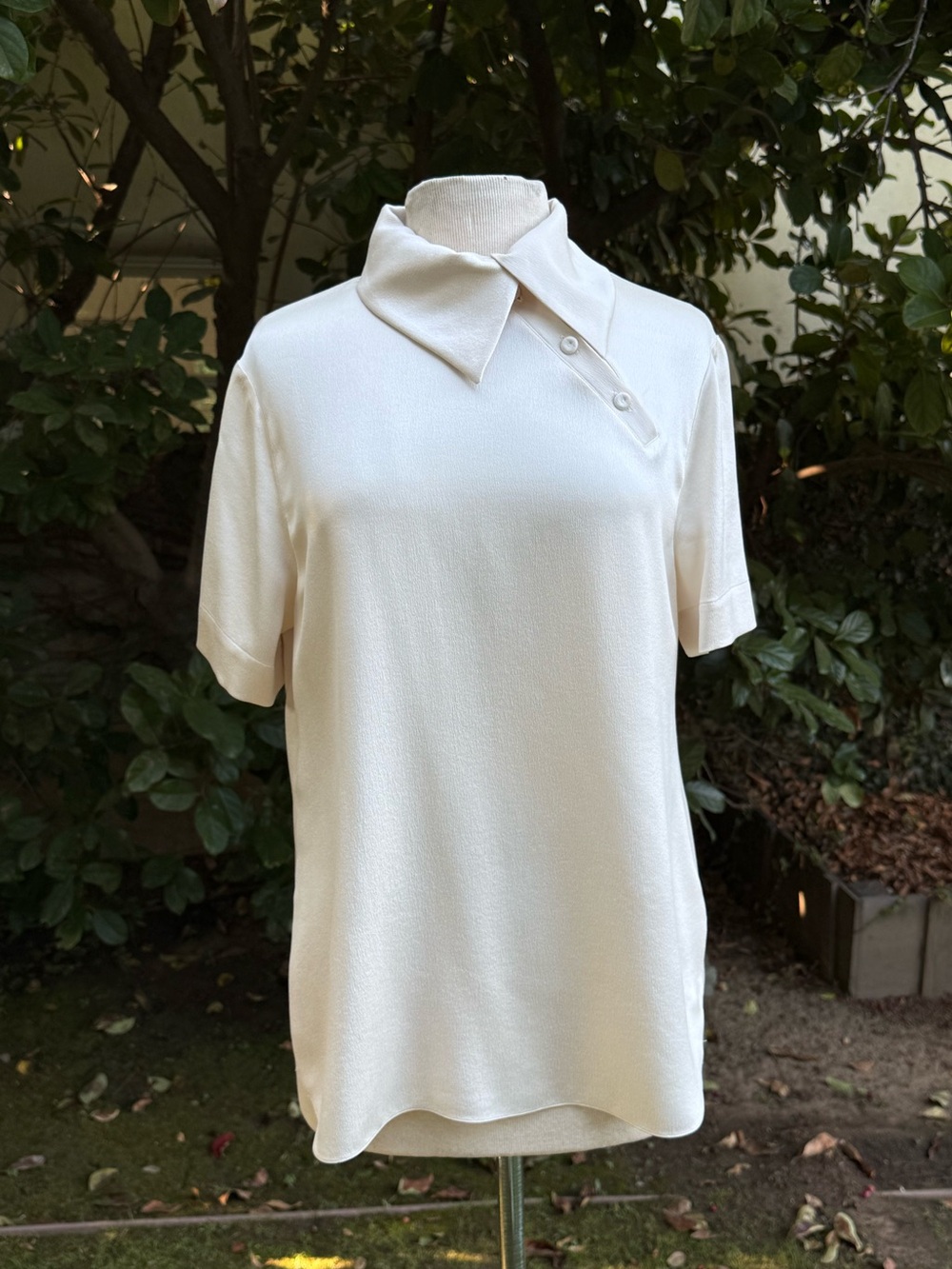 Giorgio Armani short-sleeve blouse with unique diagonal button closure - Size 46